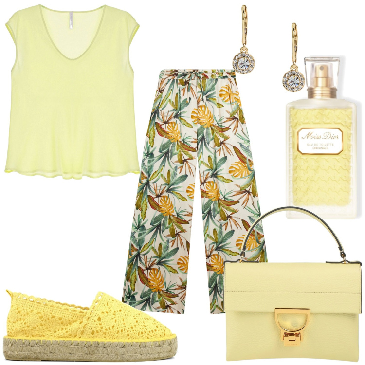 Outfit donna - Fiori gialli estivi. Stile Casual chic per Tutti i giorni. Abbinamento con borse a mano, profumi, top, pantaloni culotte, orecchini, espadrillas.