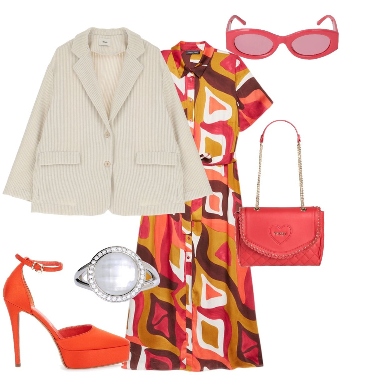 Outfit donna - Colori allegri!. Stile Glamour per Tutti i giorni. Abbinamento con borse a mano, anelli, blazer, décolleté, vestiti lunghi, occhiali da sole.