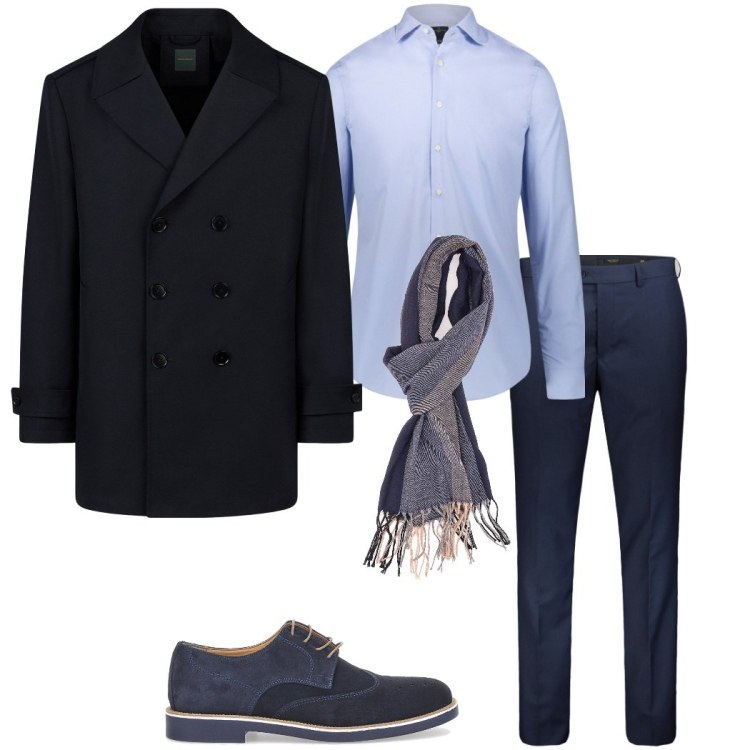 Outfit uomo - In ufficio. Stile Business/Elegante per Ufficio. Abbinamento con camicie, scarpe stringate, sciarpe, pantaloni, caban.