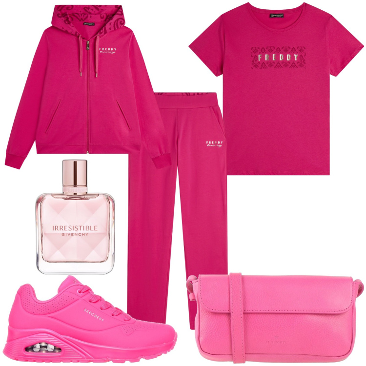 Outfit donna - Fluorescente sportiva. Stile Sporty chic per Tutti i giorni. Abbinamento con borse a tracolla, profumi, pantaloni, felpe con cappuccio, t-shirt, sneakers.
