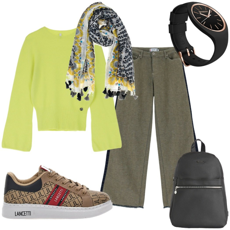 Outfit donna - Il pullover lime. Stile Casual per Tutti i giorni. Abbinamento con jeans a zampa, pullovers, zaini, orologi, sciarpe, sneakers.