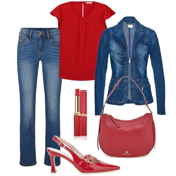 Outfit donna - Tacchi rossi e jeans di sera. Stile Casual chic per Serata fuori. Abbinamento con blazer, jeans dritti, rossetti, bluse, décolleté, borse a tracolla.