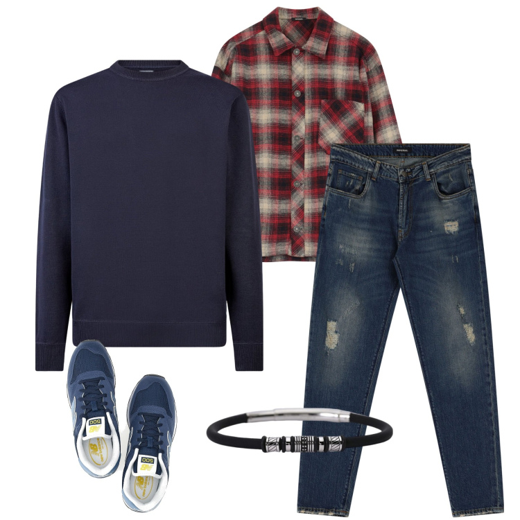 Outfit uomo - Casual style. Stile Casual per Serata speciale. Abbinamento con braccialetti, jeans dritti, camicie, maglieria, sneakers.