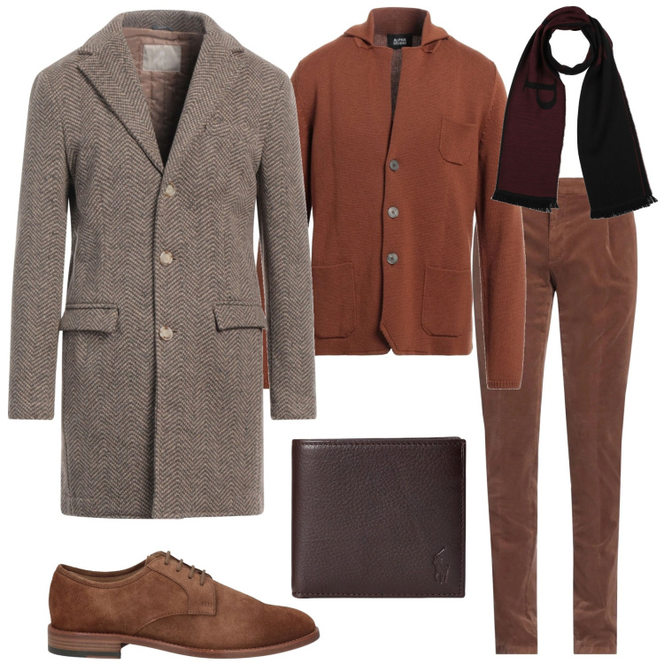 Outfit uomo - In ufficio. Stile Business/Elegante per Ufficio. Abbinamento con cappotti, cardigans, pantaloni, scarpe stringate, sciarpe, portafogli.