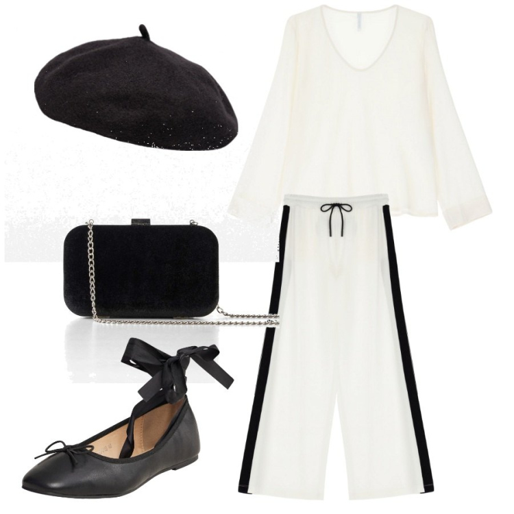 Outfit donna - Mon petit Pierrot. Stile Minimal per Tutti i giorni. Abbinamento con pochette, ballerine, pantaloni, camicie, cappelli e berretti.