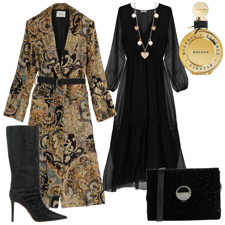 Outfit donna - Serata evento. Stile Chic per Serata fuori. Abbinamento con borse a tracolla, stivali, profumi, collane, trench, vestiti lunghi.