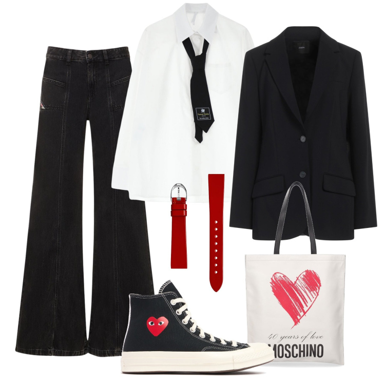 Outfit donna - Città very cool: jeans e cravatta. Stile Urban per Tutti i giorni. Abbinamento con blazer, camicie, orologi, sneakers, shopping bag, jeans.