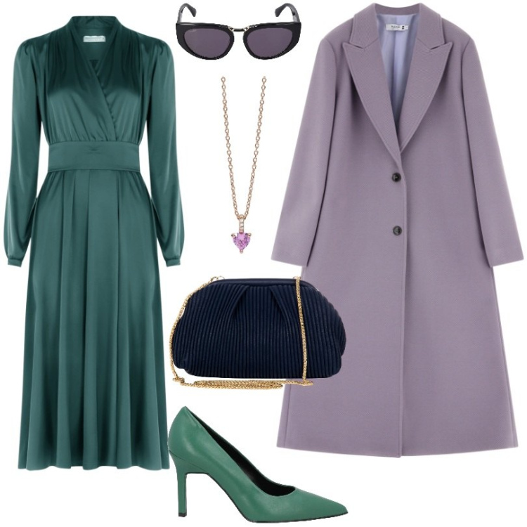 Outfit donna - Abito Lungo in Raso Verde. Stile Chic per Tutti i giorni. Abbinamento con décolleté, cappotti, ciondoli, vestiti lunghi, pochette, occhiali da sole.
