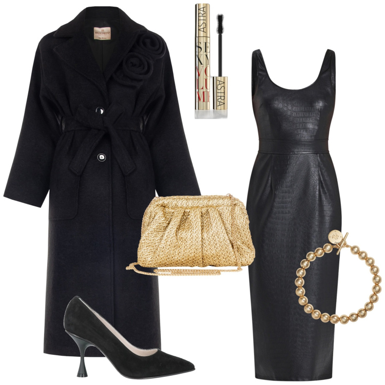 Outfit donna - Serata fuori. Stile Chic per Serata fuori. Abbinamento con décolleté, mascara, vestiti midi/longuette, cappotti, clutch, braccialetti.