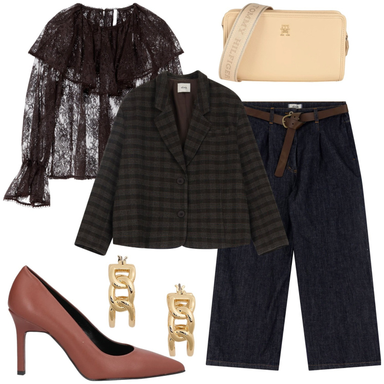 Outfit donna - Serata tra girls. Stile Glamour per Serata fuori. Abbinamento con décolleté, borse a tracolla, camicie, jeans, blazer, orecchini.