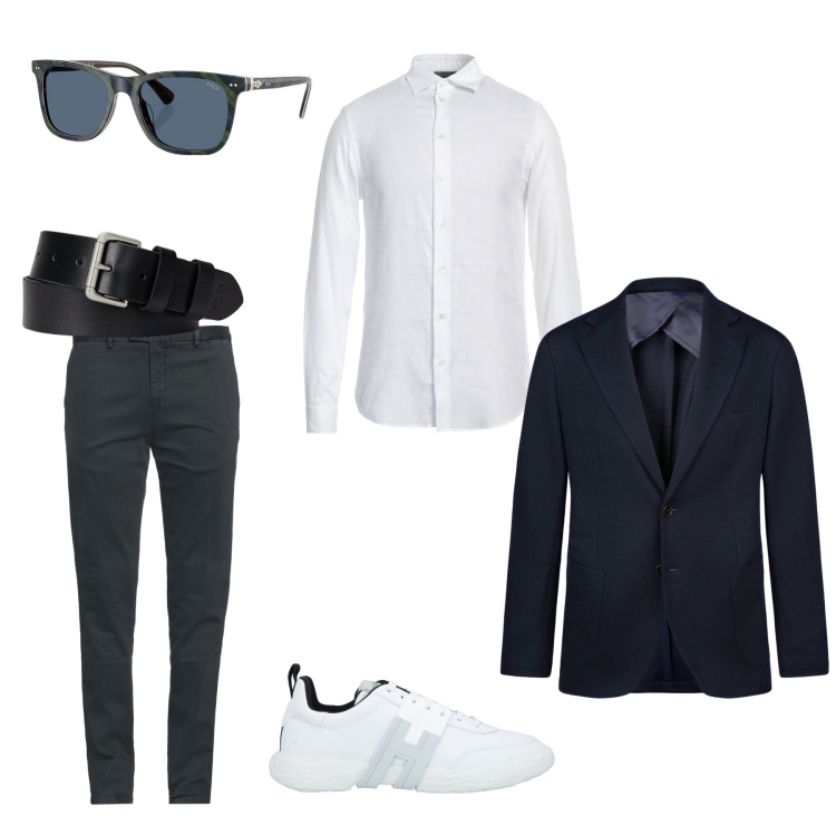 Outfit uomo - Business casual. Stile Business/Elegante per Ufficio. Abbinamento con pantaloni chino, sneakers, camicie, cinture, occhiali da sole, giacche.