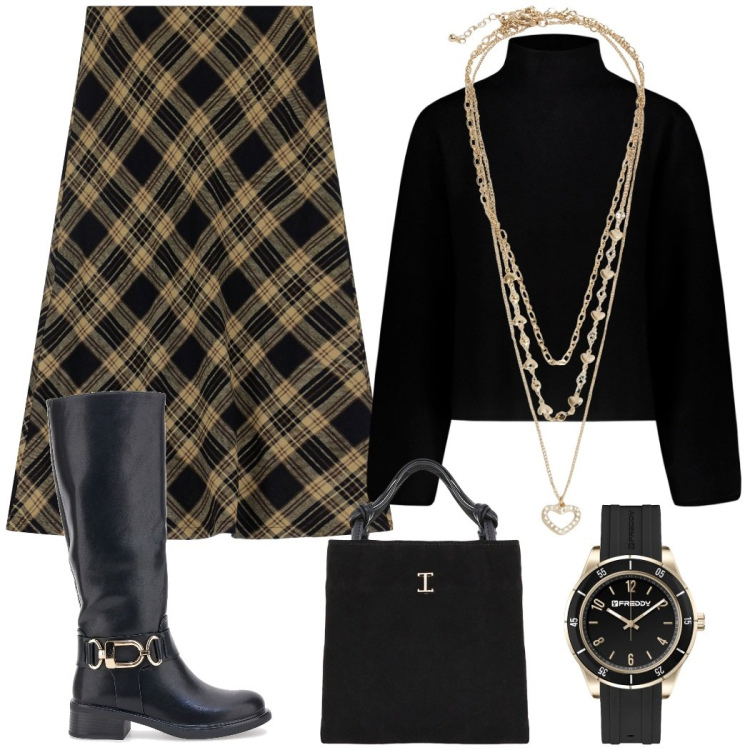 Outfit donna - Al lavoro. Stile Urban per Tutti i giorni. Abbinamento con collane, shopping bag, gonne lunghe, orologi, maglieria, stivali.