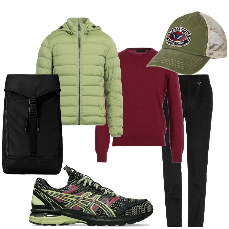 Outfit uomo - Three colours. Stile Urban per Tutti i giorni. Abbinamento con pullovers, pantaloni, piumini, borse sportive, cappelli, sneakers.