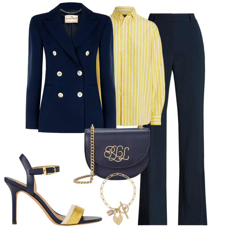 Outfit donna - Early spring. Stile Chic per Tutti i giorni. Abbinamento con pantaloni, blazer, borse a tracolla, sandali in pelle, camicie, braccialetti.