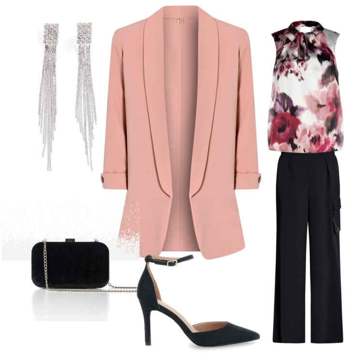 Outfit donna - Total look #2056951. Stile Romantica per Serata fuori. Abbinamento con orecchini, pochette, bluse, blazer, pantaloni a palazzo, décolleté.