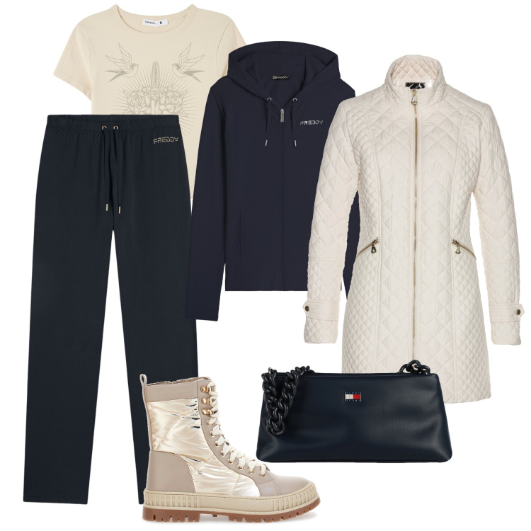 Outfit donna - Tuta in città e scarponcini luminosi. Stile Casual per Tutti i giorni. Abbinamento con blazer, borse a mano, t-shirt, felpe sportive, pantaloni, stivaletti.