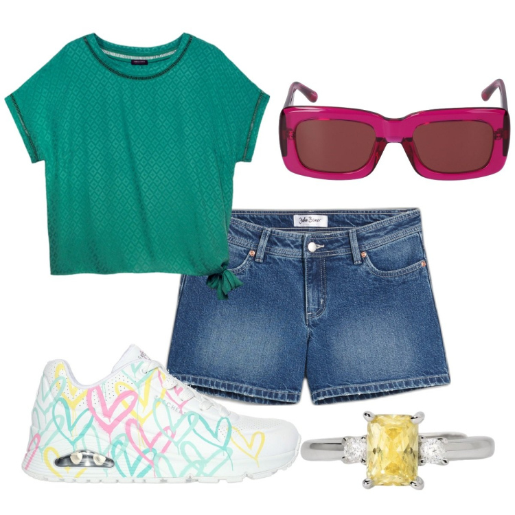 Outfit donna - Total look #2056957. Stile Basic Abbinamento con shorts, anelli, occhiali da sole, bluse, sneakers.