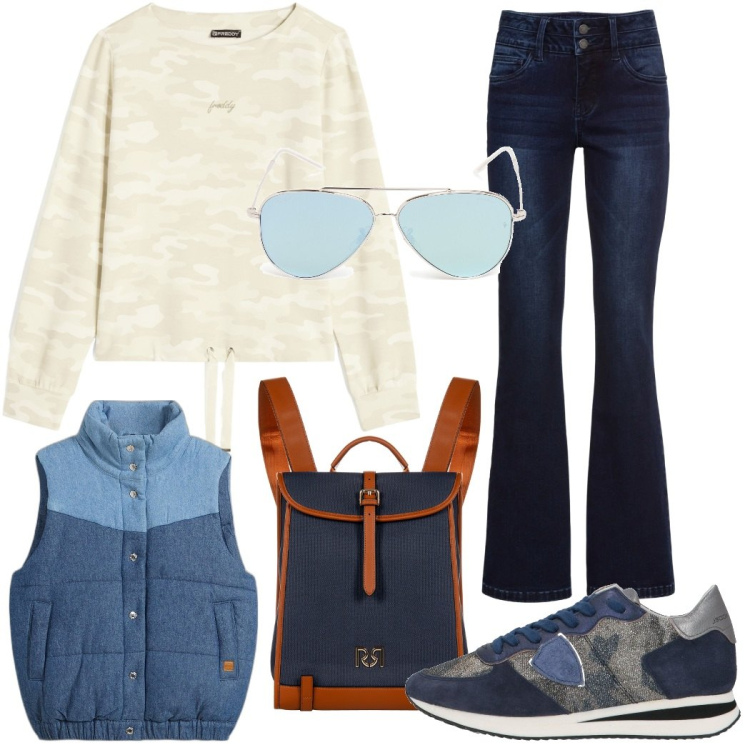 Outfit donna - Total look #2056963. Stile Casual per Tutti i giorni. Abbinamento con jeans bootcut, gilet, sneakers, zaini, felpe, occhiali da sole.