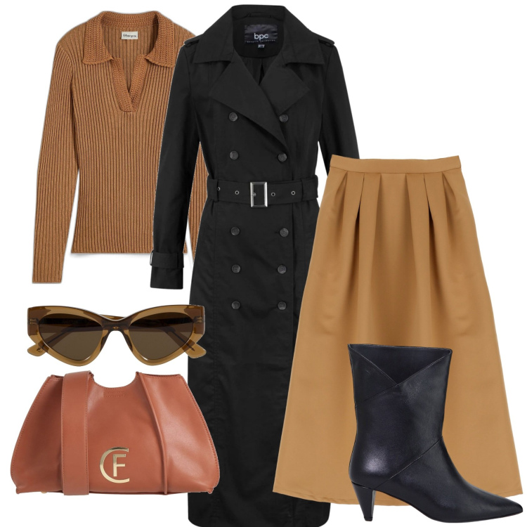 Outfit donna - City. Stile Chic per Tutti i giorni. Abbinamento con trench, maglieria, borse a tracolla, gonne lunghe, stivaletti, occhiali da sole.