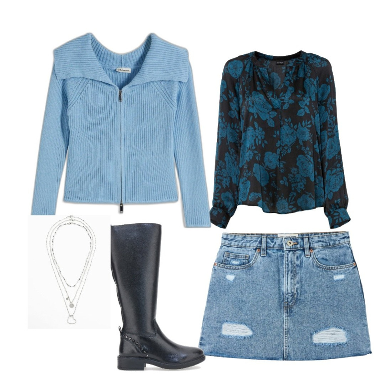 Outfit donna - Total look #2056968. Stile Casual per Tutti i giorni. Abbinamento con collane, cardigans, tuniche, minigonne, stivali sopra il ginocchio.