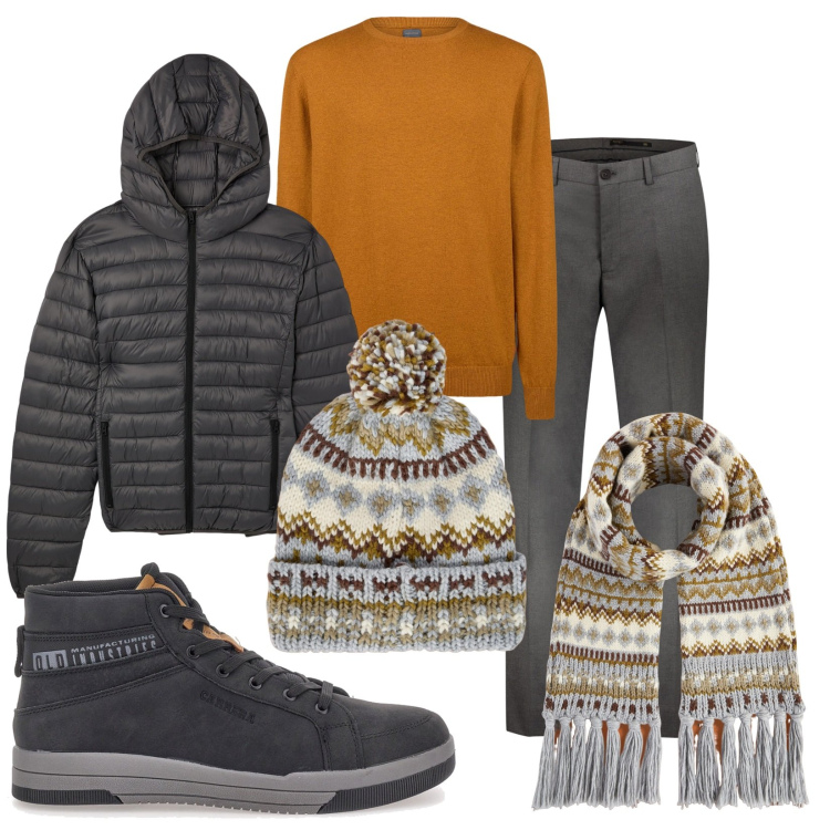 Outfit uomo - Ocra grey. Stile Urban per Tutti i giorni. Abbinamento con giacche, pantaloni, maglieria, berretti, sciarpe, sneakers.