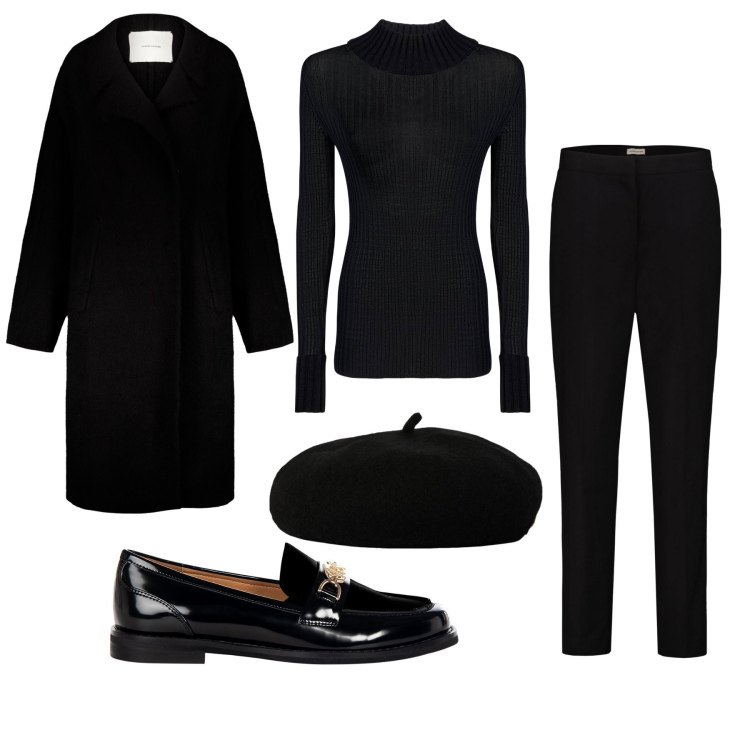 Outfit donna - Il rigore del total black. Stile Mannish per Ufficio. Abbinamento con mocassini, cappotti, pantaloni, maglieria, cappelli e berretti.