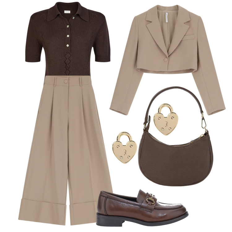 Outfit donna - Completo casha in ufficio. Stile Bon Ton per Ufficio. Abbinamento con pantaloni, blazer, borse a spalla, orecchini, polo, mocassini.