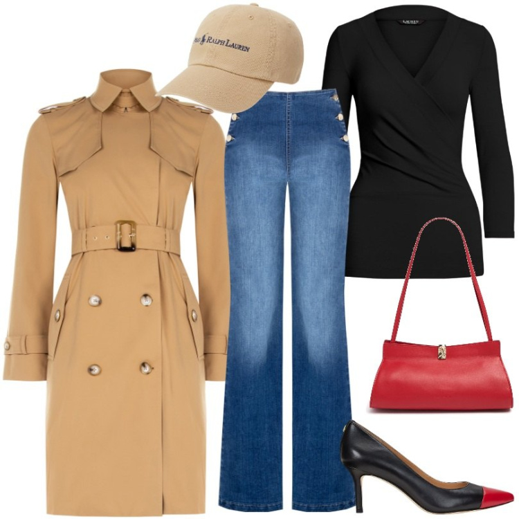 Outfit donna - Total look #2056991. Stile Casual per Tutti i giorni. Abbinamento con trench, jeans, top, décolleté, cappelli, borse a spalla.