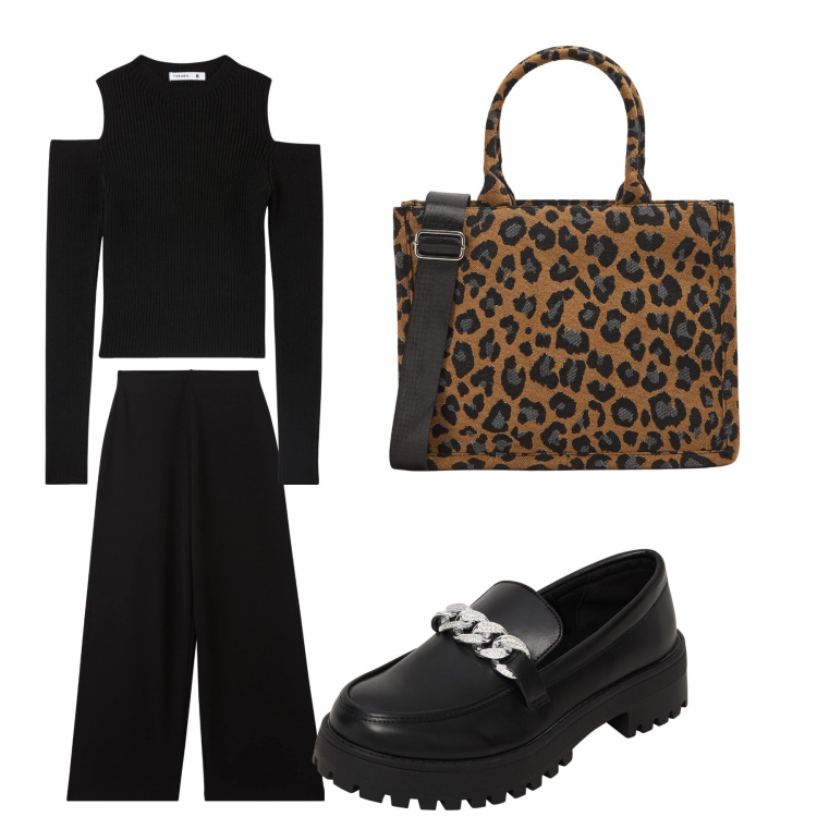 Outfit donna - Aperitivo. Stile Trendy per Tutti i giorni. Abbinamento con maglieria, mocassini, shopping bag, pantaloni.
