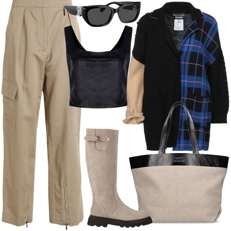 Outfit donna - Crea il tuo stile unico. Stile Sporty chic per Tutti i giorni. Abbinamento con pantaloni cargo, stivali, cardigans, top, occhiali da sole, shopping bag.