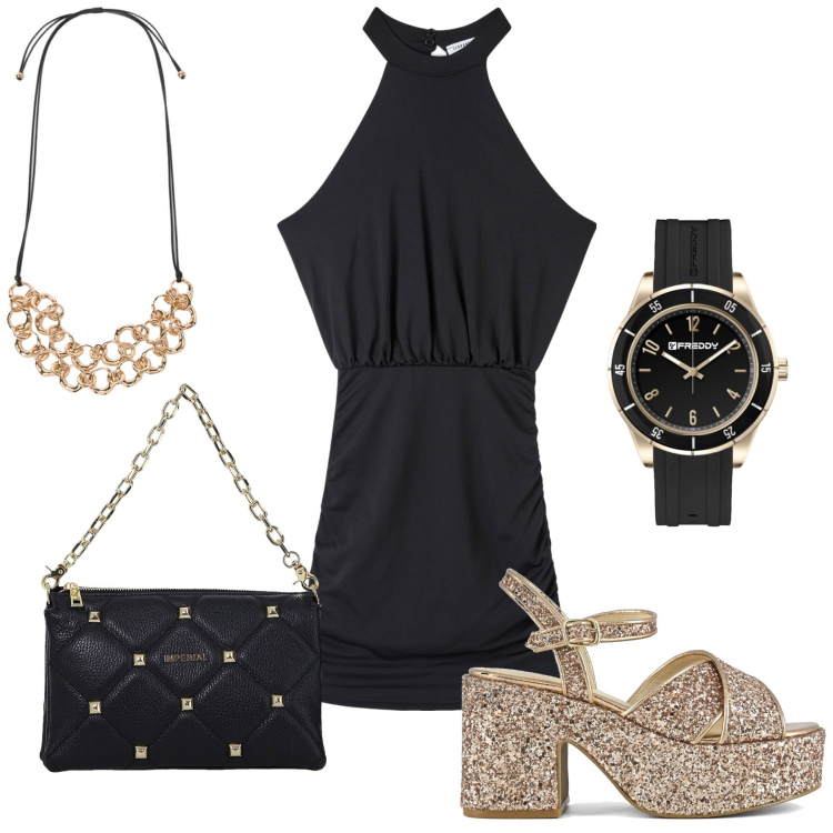 Outfit donna - Oro di mezzanotte. Stile Sexy per Serata fuori. Abbinamento con collane, borse a spalla, orologi, sandali, vestiti corti.
