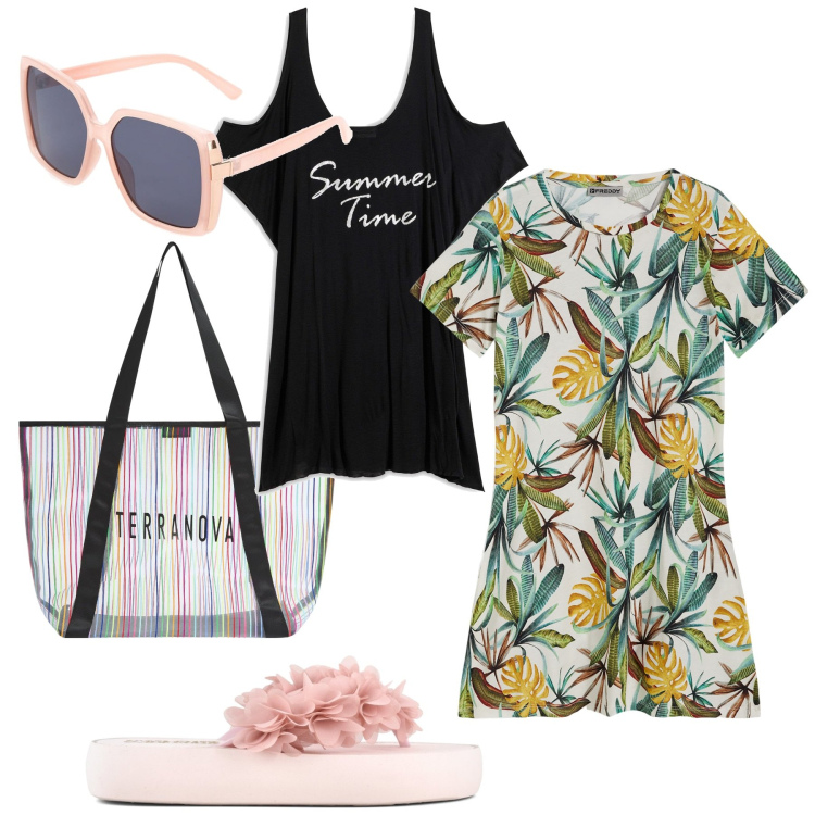 Outfit donna - Summer. Stile Casual per Mare. Abbinamento con vestiti da spiaggia, shopping bag, vestiti, infradito, occhiali da sole.