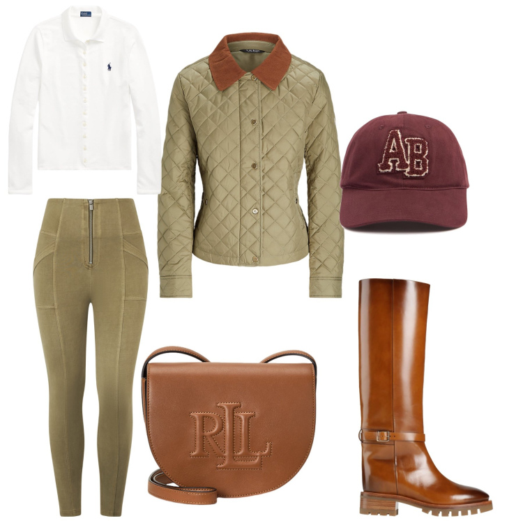 Outfit donna - Oggi mi sento British. Stile Casual chic per Sport. Abbinamento con stivali, pantaloni skinny, polo, borse a tracolla, giacche, cappelli.