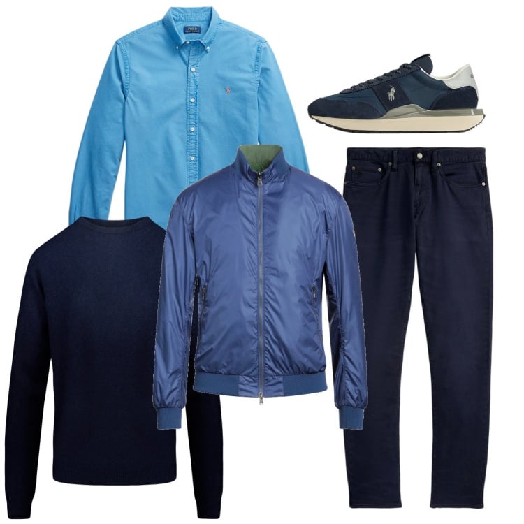Outfit uomo - All blue. Stile Casual per Tutti i giorni. Abbinamento con giacche, sneakers, camicie, pantaloni chino, maglieria.