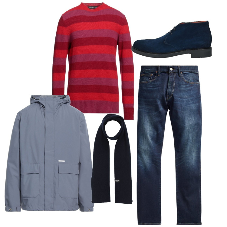 Outfit uomo - Sabato. Stile Casual per Tutti i giorni. Abbinamento con sciarpe, pullovers, giacche, stivali e stivaletti, jeans.
