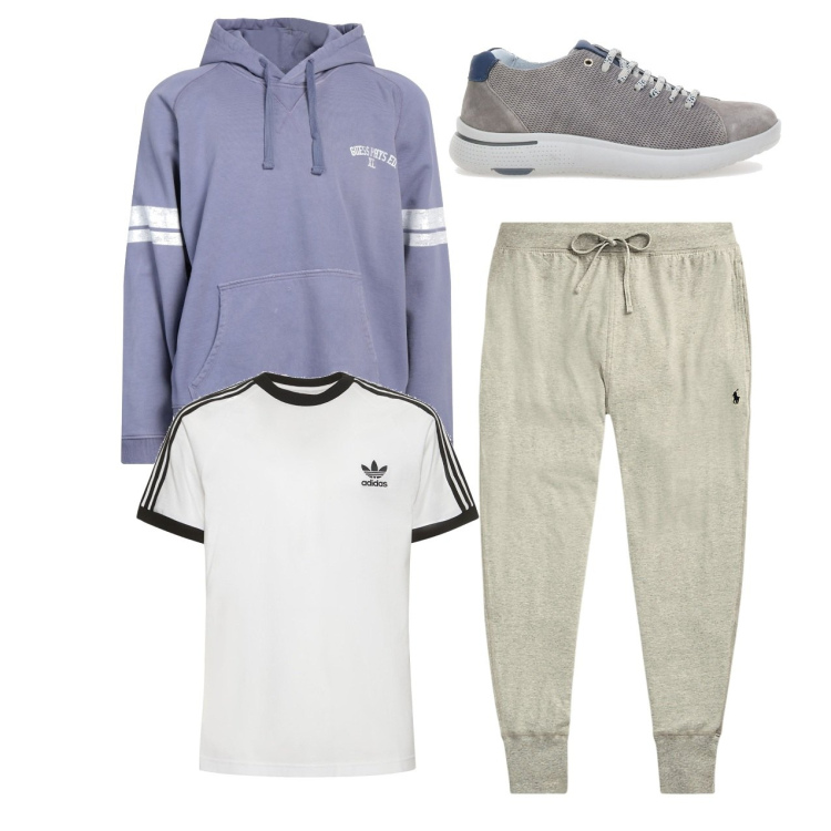 Outfit uomo - Sport time. Stile Urban per Sport. Abbinamento con felpe con cappuccio, pantaloni, sneakers, t-shirt.