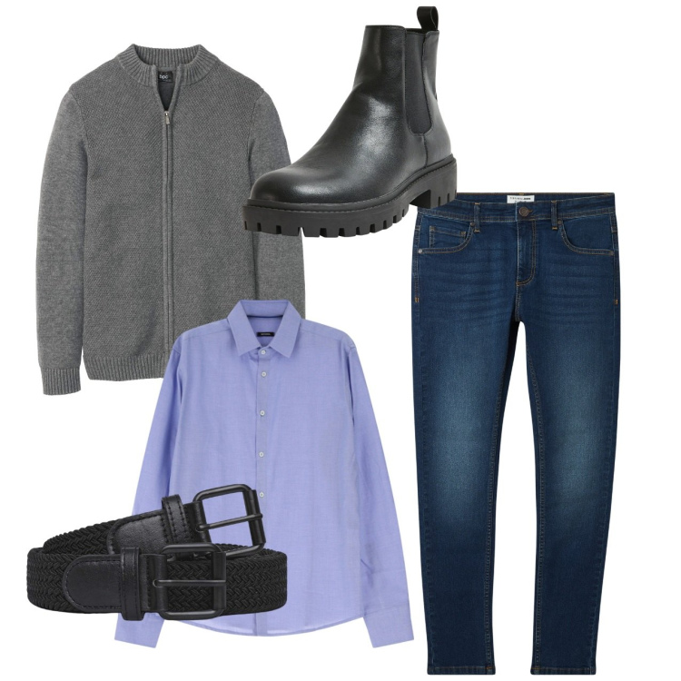 Outfit uomo - Accessori neri. Stile Casual per Tutti i giorni. Abbinamento con cardigans, jeans skinny, stivali e stivaletti, cinture, camicie.