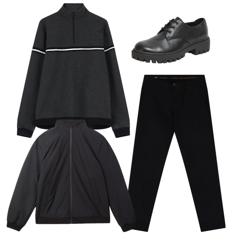 Outfit uomo - Total black. Stile Urban per Serata speciale. Abbinamento con scarpe stringate, giacche, pantaloni chino, felpe.