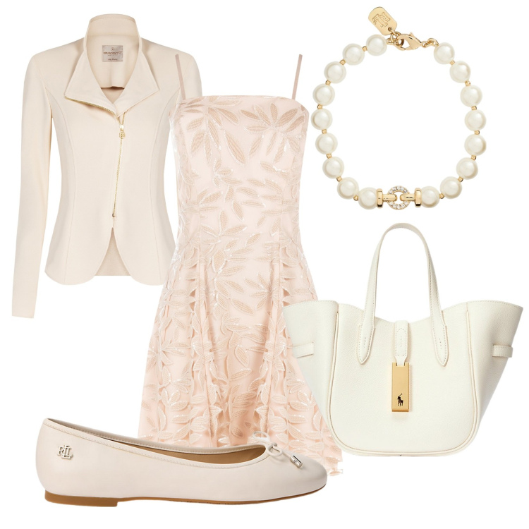 Outfit donna - Rinascita. Stile Romantica per Cerimonia. Abbinamento con vestiti corti, blazer, braccialetti, borse tote, ballerine.