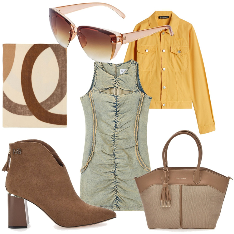 Outfit donna - Inconstance féminine. Stile Casual chic per Tutti i giorni. Abbinamento con occhiali da sole, vestiti senza maniche, foulard, blazer, stivaletti, borse tote.