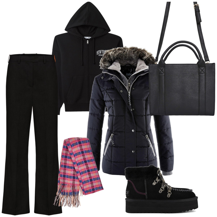 Outfit donna - Un tocco di colore sotto la neve. Stile Basic per Tutti i giorni. Abbinamento con piumini, borse tote, felpe con cappuccio, sciarpe, pantaloni, stivaletti.