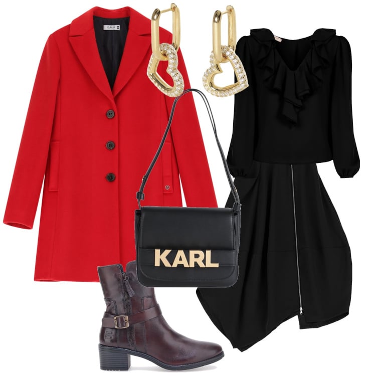 Outfit donna - Il cappottino per San Valentino. Stile Bon Ton per Tutti i giorni. Abbinamento con borse a mano, orecchini, bluse, cappotti, gonne longuette, stivaletti texani.