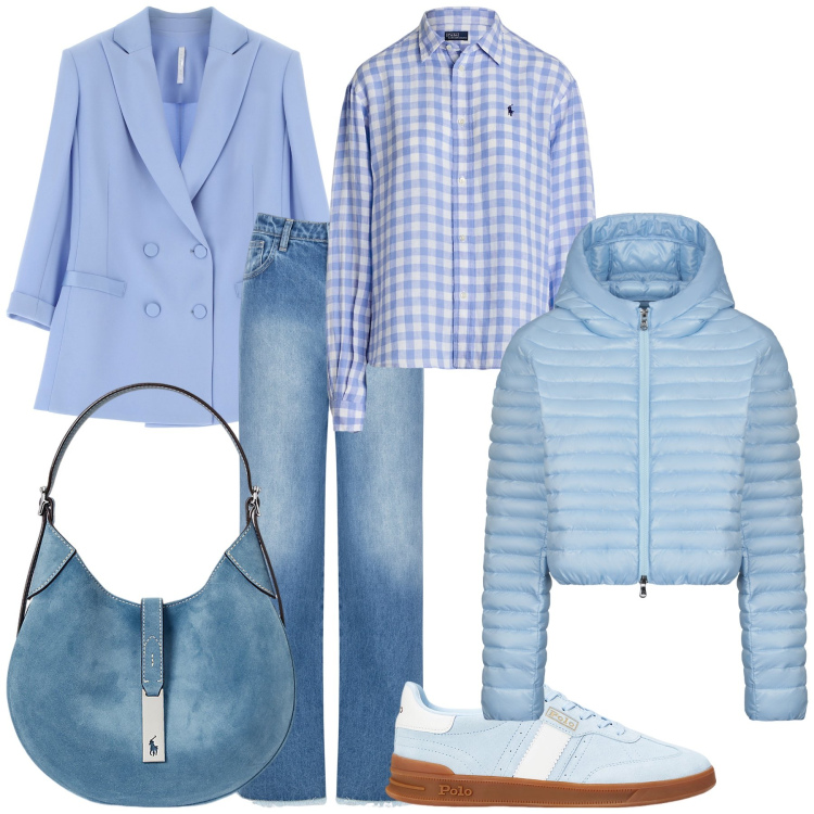 Outfit donna - In azzurro incontro alla bella stagione. Stile Casual chic per Tutti i giorni. Abbinamento con jeans dritti, blazer, borse a spalla, sneakers, camicie, piumini.