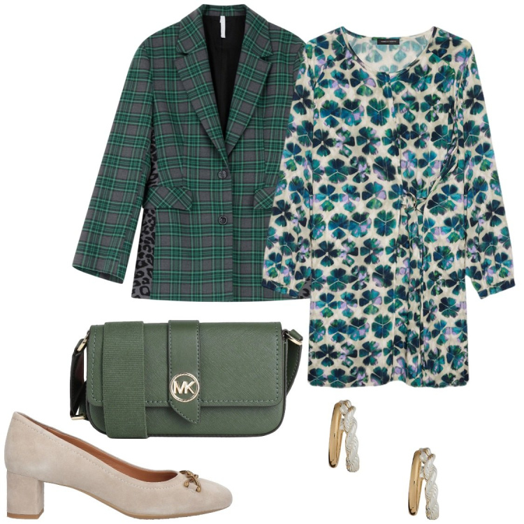 Outfit donna - Quadrifoglio. Stile Casual chic per Tutti i giorni. Abbinamento con borse a tracolla, décolleté, blazer, orecchini, vestiti corti.