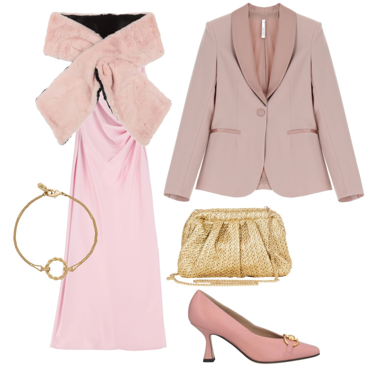 Outfit donna - Una invitata tutta rosa. Stile Bon Ton per Cerimonia. Abbinamento con sciarpe, décolleté, clutch, vestiti midi/longuette, blazer, braccialetti.