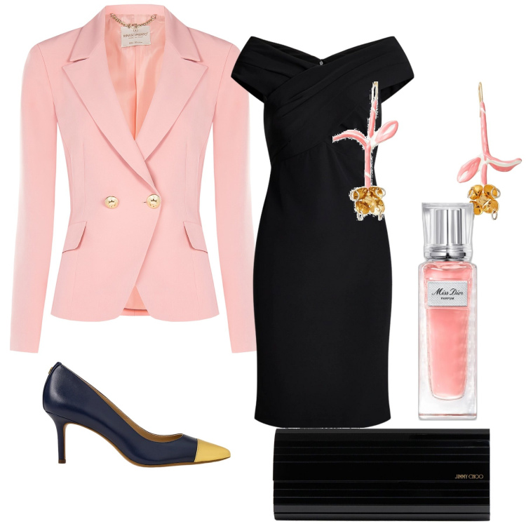 Outfit donna - Miss Dior. Stile Chic per Serata fuori. Abbinamento con orecchini, profumi, blazer, vestiti, décolleté, pochette.