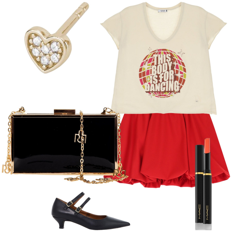 Outfit donna - A San Valentino si balla. Stile Preppy per Serata fuori. Abbinamento con rossetti, orecchini, pochette, t-shirt, minigonne, décolleté.