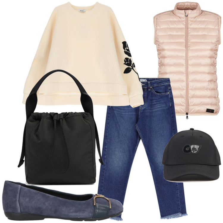 Outfit donna - Saturday morning. Stile Casual chic per Tutti i giorni. Abbinamento con ballerine, jeans dritti, piumini, felpe, cappelli, borse a mano.