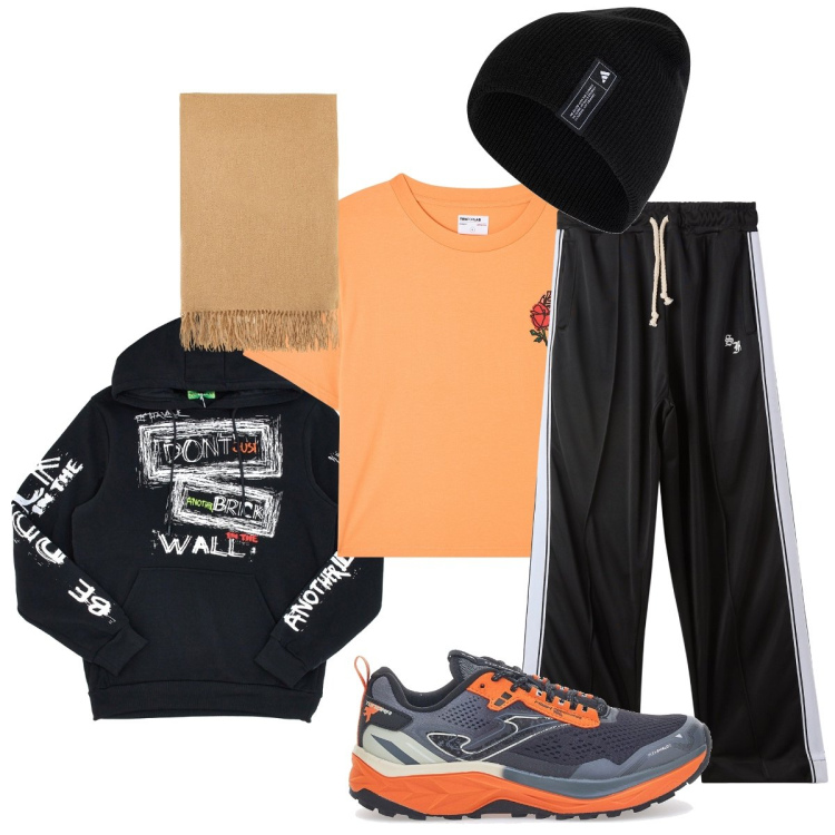 Outfit uomo - Sabato: camminata nel parco. Stile Casual per Sport. Abbinamento con t-shirt, pantaloni sportivi, sciarpe, scarpe sportive, felpe con cappuccio, berretti.