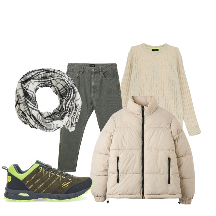 Outfit uomo - Total look #2057106. Stile Casual per Tutti i giorni. Abbinamento con pantaloni, piumini, sciarpe, maglieria, stivali e stivaletti.